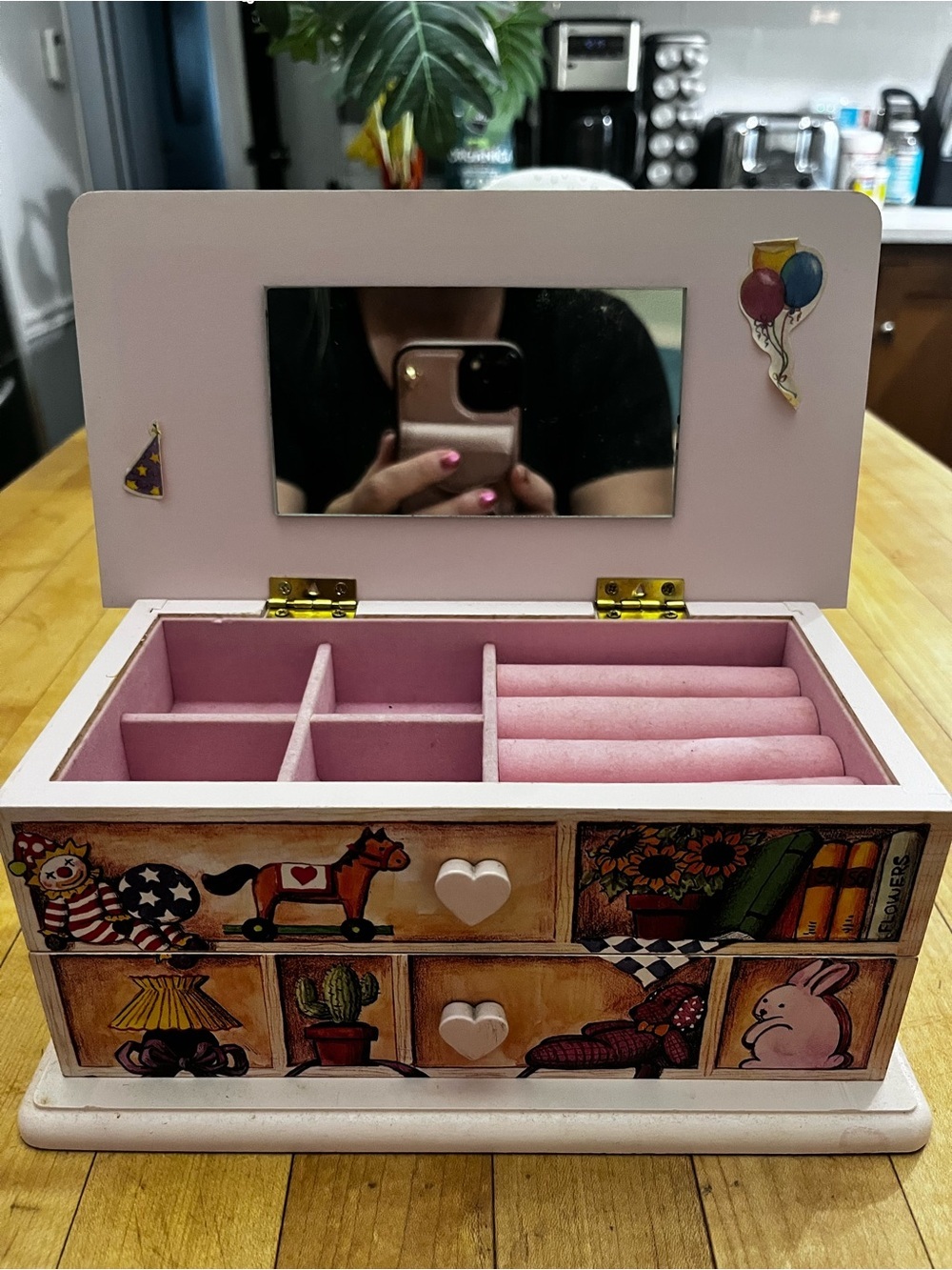 Pink Children's Jewelry Box with Teddy Bears and Mirror